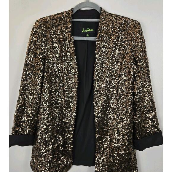 Sam Edelman Evening Brown Jacket Collared Gold Sequin Open Front 3/4 Sleeve MED - Picture 1 of 7